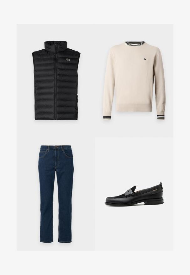 Sort dunvest med høj krave, lynlås lukning og vandrette paneler. Har et lille Lacoste krokodillelogo på brystet.; Beige sweater lavet af strikket stof, med rund halsudskæring, ribbede ærmer med sorte og grønne striber, og et lille logo på brystet.; Mørkeblå denim jeans med lige pasform, klassisk fem-lomme design, synlig syning i en kontrastfarve og knaplukning.; Sort læderloafer med grå remdetalje, lav hæl og tekstureret sål, mærket med "HUGO" i guld på siden.