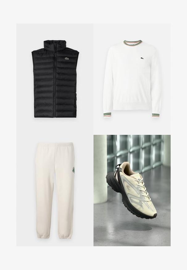 Sort dunvest med høj krave, lynlås lukning og vandrette paneler. Har et lille Lacoste krokodillelogo på brystet.; Hvid sweater med rund hals, prydet med grønne, røde og orange striber på kraven og ærmerne. Lacoste-logo på brystet.; Lys beige sweatpants lavet af bomuld, med elastisk talje, ribbede mansjetter og et grønt logo med bladdesign på venstre ben.; Lyse beige og grå atletikskosko med sort sål, svævende i luften mod en flisevæg og gråt gulv i baggrunden.