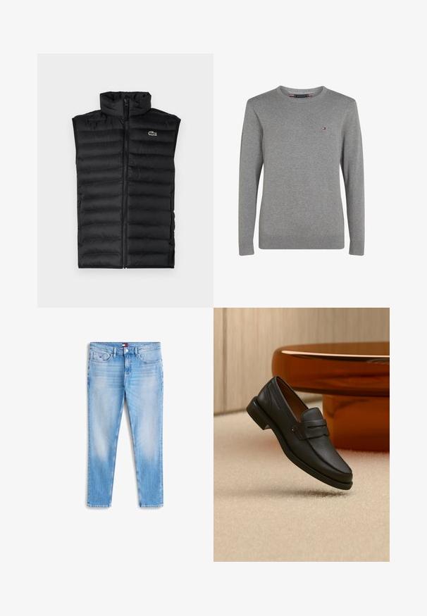 Sort dunvest med høj krave, lynlås lukning og vandrette paneler. Har et lille Lacoste krokodillelogo på brystet.; Grå crewneck sweater lavet af blødt stof, med lange ærmer, ribstrikkede manchetter og kant, samt et lille broderet logo på brystet.; Lys blå denimjeans med en lige pasform, der har frontlommer, bæltestropper og et lille logo-tag på taljen. Fadede mønsterdetaljer.; Sort læder herreloafer med bånd tværs over toppen, vist på beige tæppe nær et brunt moderne rundt bord.