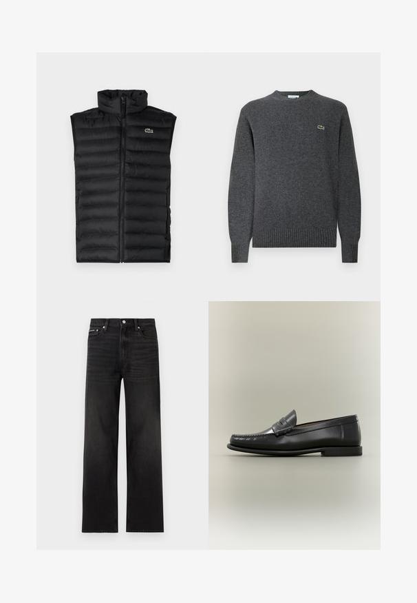 Gilet rembourré noir avec un col montant, fermeture éclair et panneaux horizontaux. Présente un petit logo crocodile Lacoste sur la poitrine.; Pull en tricot gris avec un col rond, des poignets et un ourlet côtelés. Présente un petit logo vert Lacoste sur la poitrine. Texture douce.; Jean noir droit avec cinq poches, passants pour ceinture et fermeture par bouton, présenté sur un fond blanc.; Mocassin pour homme en cuir noir avec un design moc-toe, une lanière à monnaie et un talon bas sur un fond neutre.