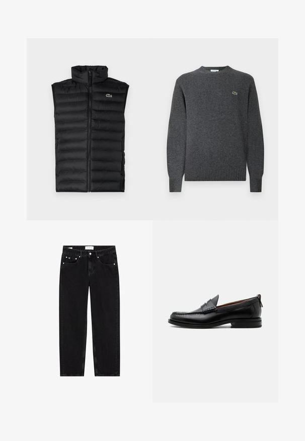Gilet rembourré noir avec un col montant, fermeture éclair et panneaux horizontaux. Présente un petit logo crocodile Lacoste sur la poitrine.; Pull en tricot gris avec un col rond, des poignets et un ourlet côtelés. Présente un petit logo vert Lacoste sur la poitrine. Texture douce.; Jeans en denim noir avec une coupe droit, texture légèrement déchirée, cinq poches et détails en métal argenté. Étiquette sur la ceinture.; Mocassin homme en cuir noir avec couture moc toe, bride penny, col texturé et petit talon empilé sur fond blanc.
