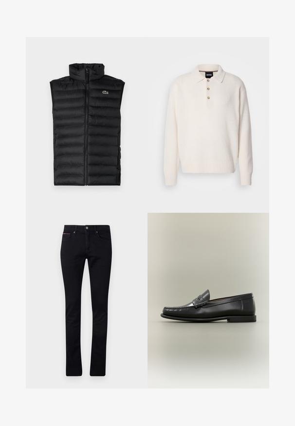 Mustad must vest, mille kõrge kaelusega, lukuga ja horisontaalsete paneelidega. Rinnal on väike Lacoste krokodilli logo.; Kreemi värvi pika varrukaga kudumipolo-sweater kolme nupuga ja soonikute ning hemiga, millel on sees BOSS silt kaelas.; Mustad teksad, millel on kitsas lõige, viie taskuga disain ja väike punane ja sinine aktsent esi-taskul.; Meeste mustast nahast mokassiinid moc-toe disaini, penny rihma ja madala kontsaga neutraalsel taustal.