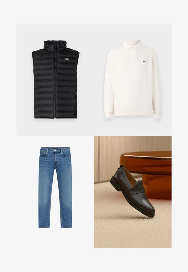 Chaleco acolchado negro con cuello alto, cierre de cremallera y paneles horizontales. Presenta un pequeño logo del cocodrilo de Lacoste en el pecho.; Camisa polo de manga larga en crema pálido, de punto texturizado, con tapeta de tres botones y un logo verde bordado en el pecho.; Vaqueros de mezclilla azul de pierna recta con cinco bolsillos, cierre de botón y cremallera, y un ligero desvanecimiento en los muslos.; Mocasín de cuero negro con tacón bajo flotando sobre una alfombra beige, junto a una mesa brillante de color ámbar en una habitación minimalista.