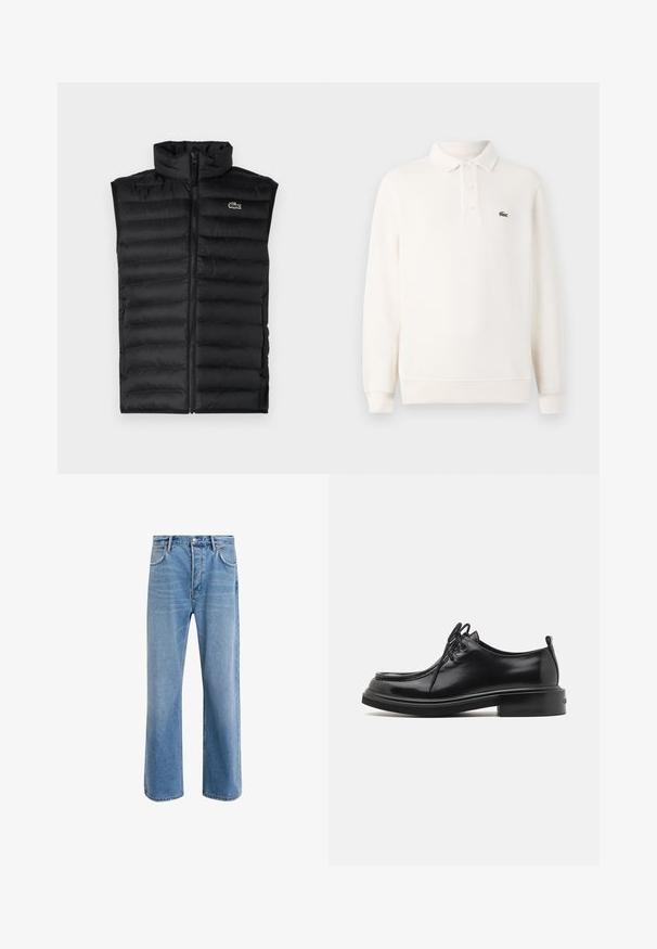 Gilet rembourré noir avec un col montant, fermeture éclair et panneaux horizontaux. Présente un petit logo crocodile Lacoste sur la poitrine.; Polo-shirt à manches longues en crème pâle en tricot texturé, avec une patte de boutonnage à trois boutons et un logo brodé vert sur la poitrine.; Jeans en denim bleu clair avec une coupe droite, cinq poches, fermeture à bouton, peu d'usure et des détails de couture contrastés.; Calvin Klein LACE UP APRON BRUSH OFF - Derbies - black
