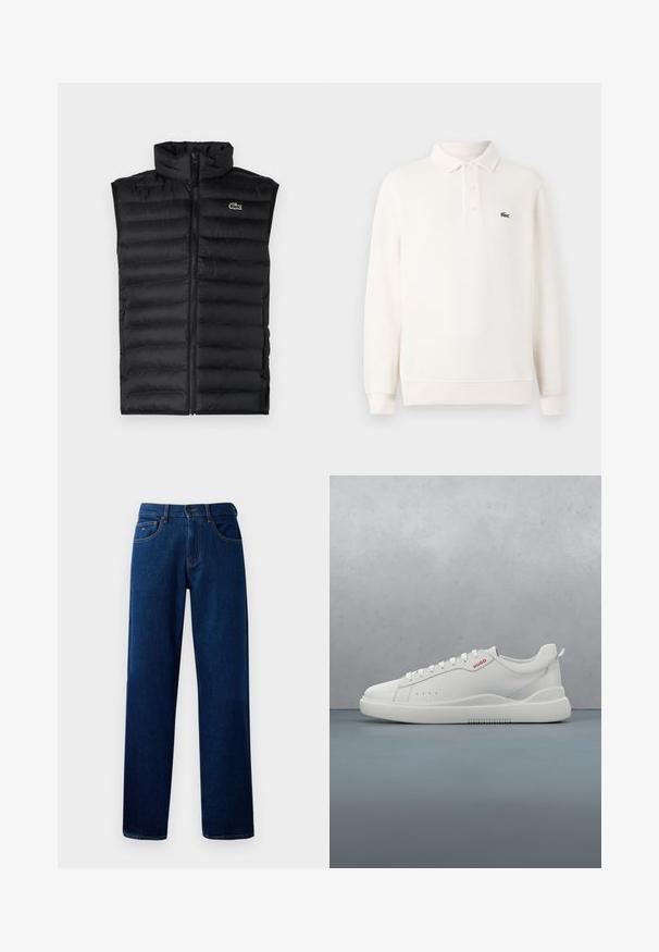 Gilet rembourré noir avec un col montant, fermeture éclair et panneaux horizontaux. Présente un petit logo crocodile Lacoste sur la poitrine.; Polo-shirt à manches longues en crème pâle en tricot texturé, avec une patte de boutonnage à trois boutons et un logo brodé vert sur la poitrine.; Jean en denim bleu foncé, coupe droite, avec fermeture à bouton et fermeture éclair à l'avant, et design à cinq poches, sur fond blanc.; Sneaker blanche avec une finition en cuir lisse, bout rond, quatre œillets, perforations subtiles et un détail de logo rouge sur le côté.