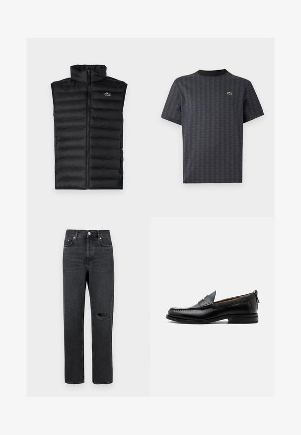 Čierny puffrový vest s vysokým golierom, so zipsom a horizontálnymi panelmi. Na hrudi sa nachádza malé logo krokodíla Lacoste.; Čierne tričko s krátkym rukávom s geometrickým vzorom a zeleným logom krokodíla, so pevným čiernym okrúhlym výstrihom.; Čierne deninové rifle so rovnými nohavicami, s prepichnutým kolenom, päť vrecový dizajn a kovové prvky na páse a vreckách.; Čierny kožený pánsky mokasín s prešitím moc toe, penny remienkom, textúrovaným golierom a nízkym vrstveným podpätkom na bielom pozadí.