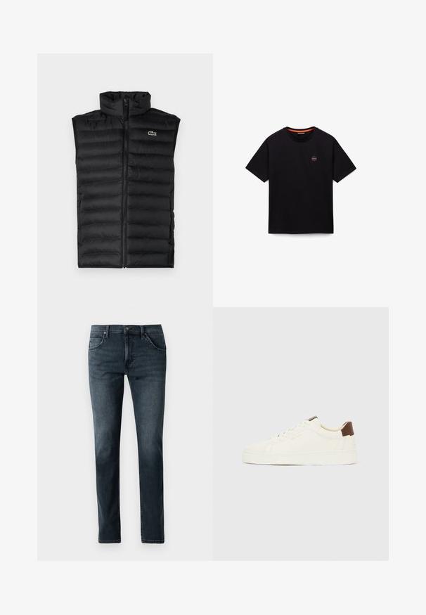 Mustad must vest, mille kõrge kaelusega, lukuga ja horisontaalsete paneelidega. Rinnal on väike Lacoste krokodilli logo.; Must lühikeste varrukatega ümmarguse kaelusega T-särk, millel on väike ümmargune logo vasakul rindkerel ja oranž ääris krae sees.; Tumed sinine denimist teksajakk, sirge lõikega, viie taskuga, lukuga ja kerge kulumisega. Tekstureeritud kangas koos õmblusdetailidega.; Valge madala lõikega toss, kreemika paeladega, pruun kontsahoidja ja kullakarva "GANT" logo küljel, esitletud profiilvaates ühtlasel taustal.