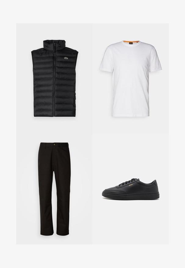Chaleco acolchado negro con cuello alto, cierre de cremallera y paneles horizontales. Presenta un pequeño logo del cocodrilo de Lacoste en el pecho.; Camiseta de algodón blanca con cuello redondo, mangas cortas y un sutil logo en relieve en el pecho. La etiqueta interior tiene un acento naranja.; Pantalones de algodón negros con corte recto, presillas para el cinturón, cremallera frontal y un solo botón de cierre. Textura suave sin patrones visibles.; Zapatillas de cuero negro con una textura suave, punta redondeada, suela plana de goma y cordones a tono. Presentan el logotipo dorado "BOSS" en el lateral.