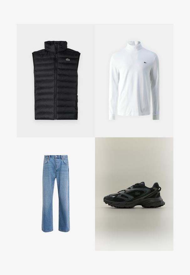 Čierny puffrový vest s vysokým golierom, so zipsom a horizontálnymi panelmi. Na hrudi sa nachádza malé logo krokodíla Lacoste.; Biela dlhá rukávová tričko s rolákom vyrobené z jemného materiálu, s malým zeleným vyšitým logom na hrudi a priliehajúcimi manžetami.; Svetlo modré denimové džínsy so strihom rovného nohu, päť vreciek, zapínanie na gombík, minimálne vyblednutie a kontrastné švy.; Čierna športová topánka s priehľadnými panelmi, textúrovanou podrážkou, šnúrkami a zakriveným siluetom so striebornými akcentmi po stranách.