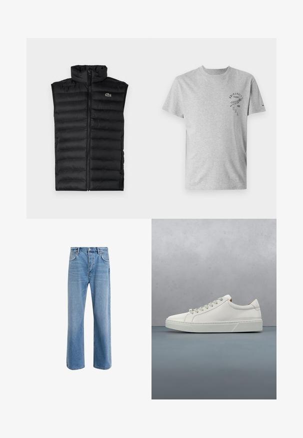 Mustad must vest, mille kõrge kaelusega, lukuga ja horisontaalsete paneelidega. Rinnal on väike Lacoste krokodilli logo.; Hall hai puuvillane t-särk, ümmarguse kaelusega, lühikeste varrukatega ning ees prinditud tekst ja graafika. Omaneb tekstureeritud kangast.; Heledad sinine teksapüksid otse lõikega, viie taskuga, nupuga sulgemine, minimaalne kulumine ja kontrastsed õmbluse detailid.; Valge nahast tennis, millel on ümmargune varvas, minimalistlik disain, hallad paelad ja tekstureeritud hall kummitald. Näha on peeneid õmblusdetailide.