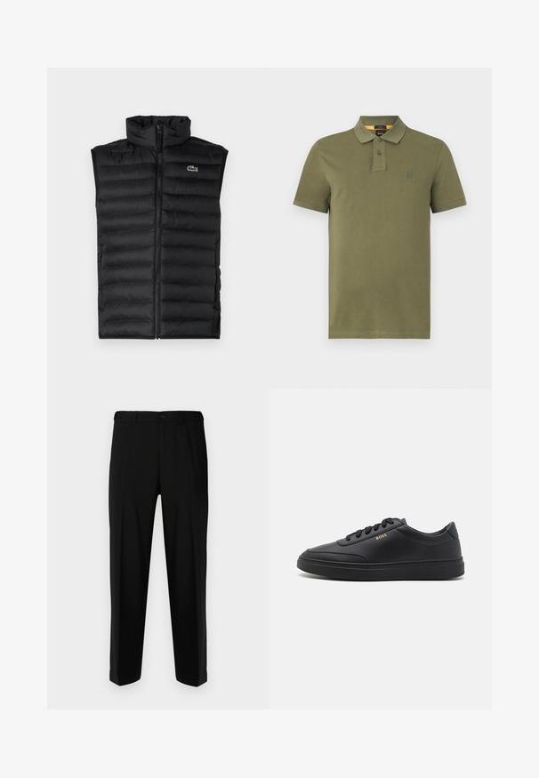 Zwarte puffer vest met hoge kraag, rits sluiting en horizontale panelen. Heeft een klein Lacoste krokodil logo op de borst.; Olijf groene polo shirt van katoen, met een drieknops sluiting, korte mouwen en een klein logo op de borst.; Zwarte broek van gladde stof, met een rechte snit, twee voorzakken en een ritssluiting met knoopsluiting.; Zwarte leren sneakers met een gladde textuur, ronde neus, platte rubberen zool en tonale veters. Kenmerkt zich door de gouden "BOSS" branding aan de zijkant.
