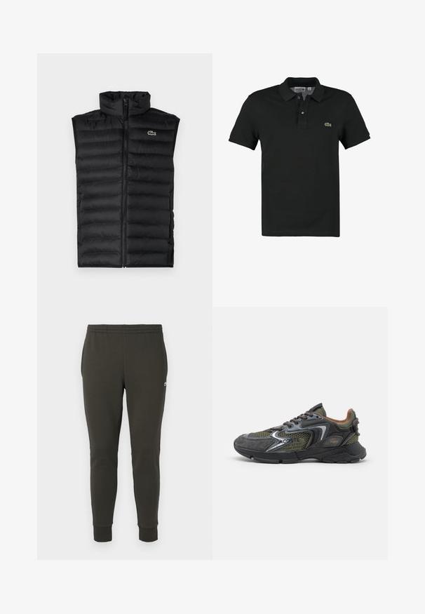 Chaleco acolchado negro con cuello alto, cierre de cremallera y paneles horizontales. Presenta un pequeño logo del cocodrilo de Lacoste en el pecho.; Polo negro hecho de algodón, con una tapeta de tres botones, mangas cortas y un pequeño logotipo verde en el lado izquierdo del pecho. Textura suave.; Joggers de color verde oscuro, fabricados en tejido suave, con una cinturilla elástica, puños acanalados y un pequeño logo en el costado.; Zapatillas deportivas con parte superior de material mixto en verde oscuro, gris y negro. Presentan paneles de malla, una suela texturizada y un collar acolchado.