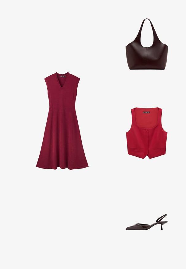 Chaleco sin mangas rojo hecho de tela, con cuello redondeado, cierre de botón único en la parte delantera y dos bolsillos laterales.; Vestido sin mangas burdeos con cuerpo ajustado, escote en V y falda acampanada que llega por debajo de la rodilla.; Zapato salón destalonado de charol marrón oscuro con punta afilada y tacón bajo de estilo gatito sobre fondo blanco.; Bolso tote de cuero marrón oscuro con una correa ancha y lisa, presentado sobre un fondo blanco.