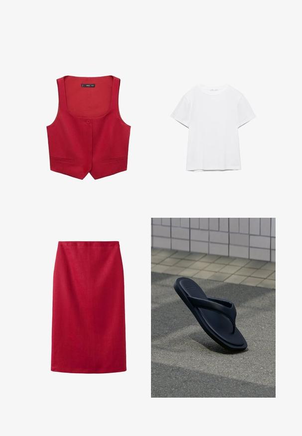 Rode mouwloze vest van stof, met een ronde hals, een enkele knoopsluiting aan de voorkant en twee zijzakken.; Effen wit T-shirt met korte mouwen en ronde hals, met een rechte zoom, gepresenteerd tegen een witte achtergrond.; Rode, knielange rechte rok met een eenvoudige tailleband, gemaakt van gestructureerde stof, weergegeven tegen een witte achtergrond.; Een enkele zwarte teenslipper staat rechtop op het asfalt nabij de betegelde stoeprand onder zacht zonlicht.