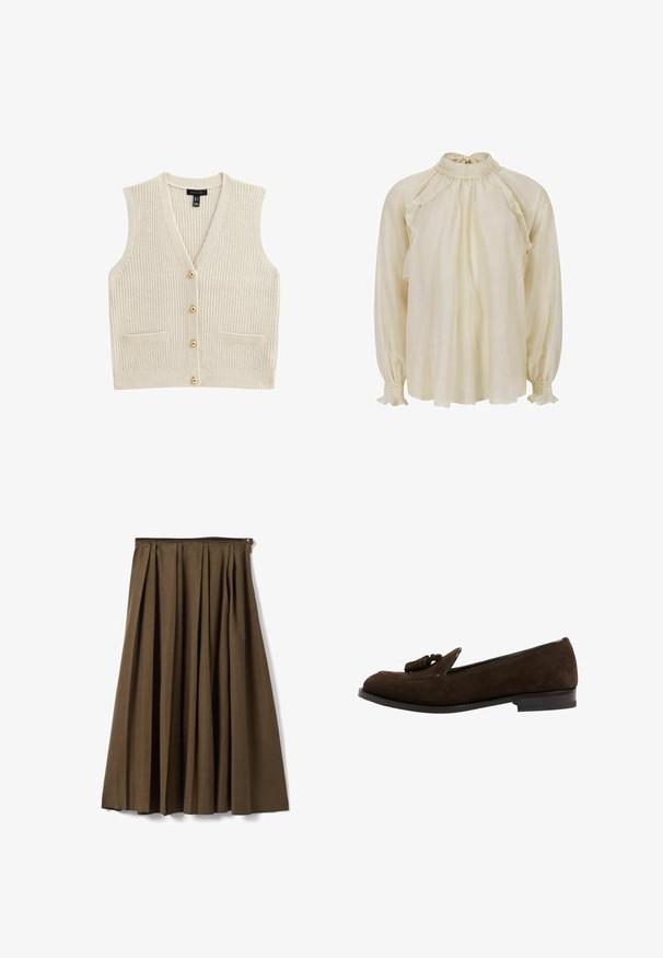 Cardigan sin mangas de color crema, de punto, con escote en V, cuatro botones dorados en la parte delantera y dos pequeños bolsillos frontales.; Blusa color crema hecha de tela ligera, con cuello alto con volantes, hombros caídos y puños fruncidos con detalles de volantes.; Falda midi plisada marrón con cintura alta y cierre lateral de cremallera, mostrada sobre un fondo blanco.; Mocasines de ante marrón con un ligero tacón, que presentan una punta afilada, un borlas decorativas y un contraste en la costura a lo largo del borde superior.