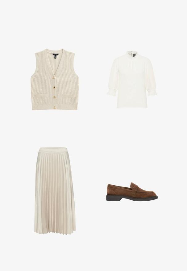 Cramekleurige gebreide mouwloze cardigan met V-hals, vier gouden knopen aan de voorkant en twee kleine voorkruimels.; Witte blouse met driekwart pofmouwen, geplooide manchetten en een hoge geplooide kraag, effen voorkant met subtiele stippenstructuur.; Plissé midi-rok in lichtbeige, gemaakt van een gladde, zachte stof. Heeft een aansluitende tailleband en een vlotte uitstraling.; Bruine suède herenslof met zwarte zool en decoratief banddetail, zijaanzicht op witte achtergrond.