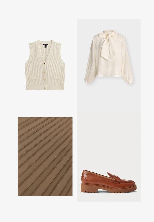 Cramekleurige gebreide mouwloze cardigan met V-hals, vier gouden knopen aan de voorkant en twee kleine voorkruimels.; Crèmewitte blouse met lange mouwen, een brede striksluiting bij de hals en knoopmanchetten, afgebeeld tegen een effen lichte achtergrond.; Plissé stof in een gedempte bruine tint, met verticale ribbels en een zachte textuur, die een subtiel, gelaagd uiterlijk creëert.; Bruine leren instappers met een moccasin teenontwerp, zichtbare stiksels en een chunky, gestructureerde rubberen zool. Accenten van goudkleurig beslag.