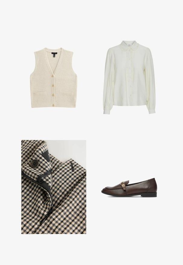 Cardigan sin mangas de color crema, de punto, con escote en V, cuatro botones dorados en la parte delantera y dos pequeños bolsillos frontales.; Blusa crema con cuello con volantes, cierre frontal de botones, mangas largas abullonadas y una tela suave y texturizada. Diseño elegante y minimalista.; Primer plano de una prenda con estampado de pata de gallo en beige, negro y blanco, con un botón negro y cremallera negra parcialmente abierta.; Mocasín de cuero marrón oscuro con un tacón bajo y hebilla metálica dorada en la parte superior, mostrado de lado sobre un fondo blanco.