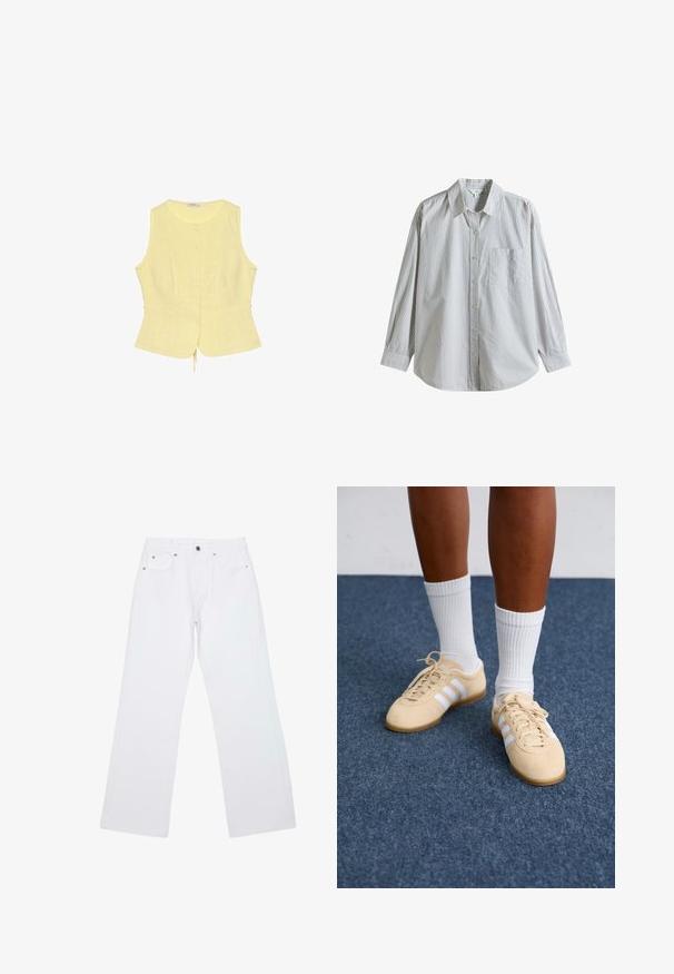 Ærmeløs lys gul bluse med knapper, rund halsudskæring og let flæset kant, lavet af let stof.; Langærmet skjorte med knapper, tynde lodrette grå striber og en brystlomme på hvid baggrund.; Hvide jeans med lige ben, fem lommer, bæltestropper og lukning foran med knap og lynlås, lagt fladt på en hvid baggrund.; Person i beige Adidas sneakers med hvide striber og hvide ankelstrømper, stående på et blåt tæppe.