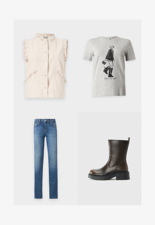 Cream sleeveless button-up vest with ruffled trim on collar, armholes, and pockets, laid flat on a white background.; Light gray short-sleeve t-shirt with a black illustration of a woman in boots and a jacket holding a purse and the text "Step out of style."; Slim-fit blue denim jeans with slight fading, front button and zipper closure, belt loops, and classic five-pocket design.; Dark brown mid-calf leather boot with a rounded toe, thick black sole, low block heel, and pull tab at the back.