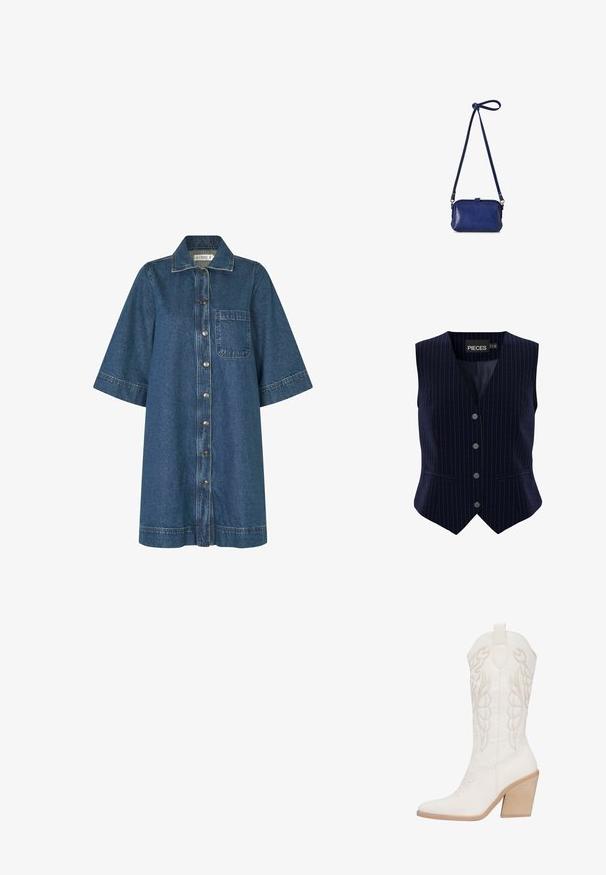 Navyblauw gestreepte gilet met vijf knopen, V-hals ontwerp en twee zijzakken. Gemaakt van soepel stof met een gestructureerde pasvorm.; Denim shirt jurk in donkerblauw, met een kraag, korte mouwen, een knoopsluiting aan de voorkant en een enkele borstzak. Glad stof met een subtiele textuur.; Witte leren cowboylaars met een spitse neus, lichtbeige stiksels, decoratieve patronen op de schacht en een gestapelde beige hak.; Kleine donkerblauwe leren crossbodytas met lange verstelbare riem en drukknoopsluiting, weergegeven tegen een witte achtergrond.