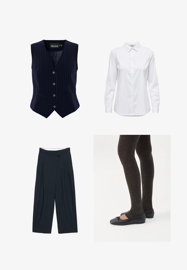 Navyblauw gestreepte gilet met vijf knopen, V-hals ontwerp en twee zijzakken. Gemaakt van soepel stof met een gestructureerde pasvorm.; Witte overhemd met lange mouwen, gestructureerde kraag en afgeronde zoom. Gemaakt van een gladde, effen stof zonder zichtbare patronen of accenten.; Donkernavy brede pantalon met hoge taille, plooi aan de voorkant en een overslagdetail in de tailleband.; Benen met donkere geribbelde leggings gecombineerd met zwarte ballerina's met kleine strikdetails op een witte achtergrond.