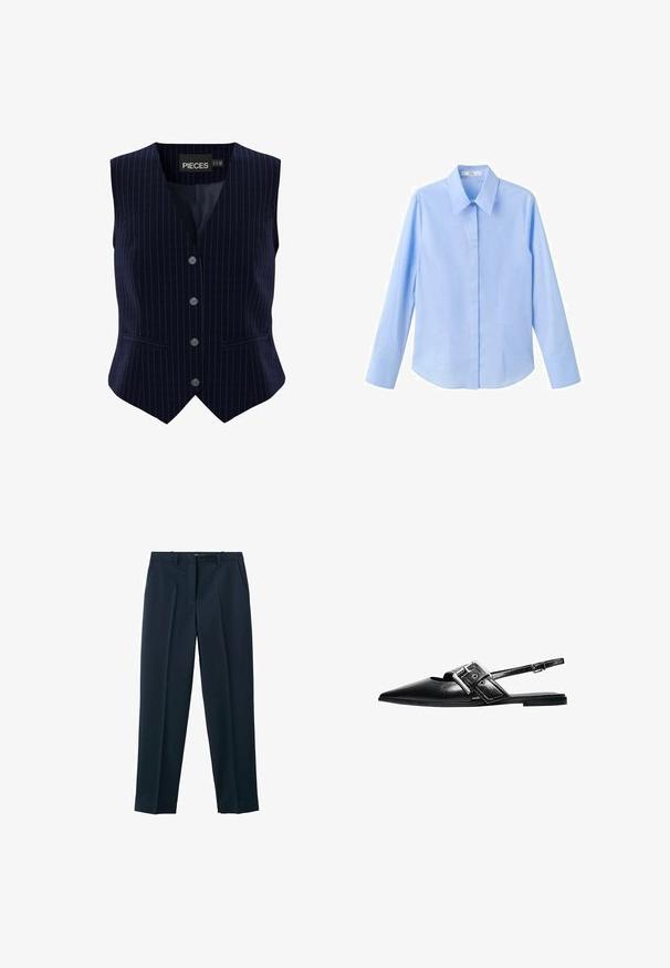 Navyblauw gestreepte gilet met vijf knopen, V-hals ontwerp en twee zijzakken. Gemaakt van soepel stof met een gestructureerde pasvorm.; Lichtblauw overhemd met lange mouwen, klassieke kraag, gladde textuur, getailleerde pasvorm en zijnaden voor een gestructureerde uitstraling.; Nette, donkerblauwe herenbroek met riemlussen, voorplooien en zijzakken, weergegeven op een witte achtergrond.; Zwart leren platte schoen met puntige neus, brede gespsluiting en een smalle verstelbare enkelriem.