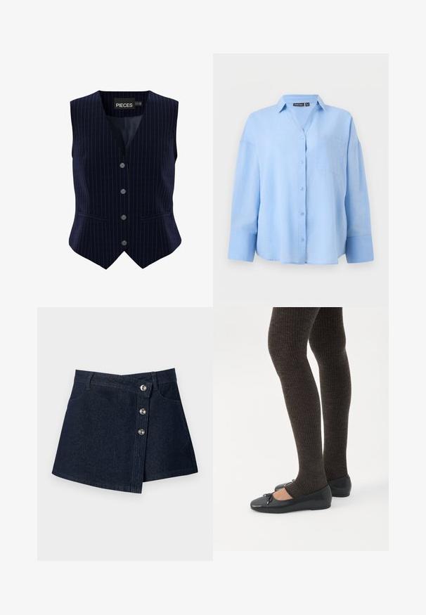 Gilet sans manches bleu marine à fines rayures avec quatre boutons sur le devant et deux petites poches passepoilées, étiquette portant la mention "PIECES" à l’intérieur du col.; Chemise bleu clair à manches longues, boutonnée, avec col et poche poitrine, présentée sur un fond clair uni.; Mini-jupe en jean bleu foncé avec devant asymétrique, boutons argentés, passants de ceinture et poches avant sur fond uni.; Jambes portant des leggings côtelés foncés associés à des ballerines noires avec de petits détails en nœud sur fond blanc.