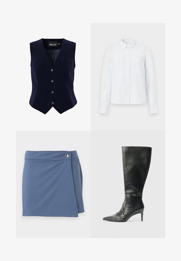 Gilet sans manches bleu marine à fines rayures avec quatre boutons sur le devant et deux petites poches passepoilées, étiquette portant la mention "PIECES" à l’intérieur du col.; Chemise boutonnée à manches longues de couleur bleu clair avec un col, des rayures verticales et une poche poitrine. Fabriquée en tissu doux.; Jupe bleue style portefeuille avec une taille haute et une fermeture par bouton argenté sur le côté droit, présentée sur un fond blanc.; Bottes noires en cuir montant jusqu'au genou, avec un talon fin, un bout pointu et des détails de lanière à la cheville. Texture lisse et design ajusté.