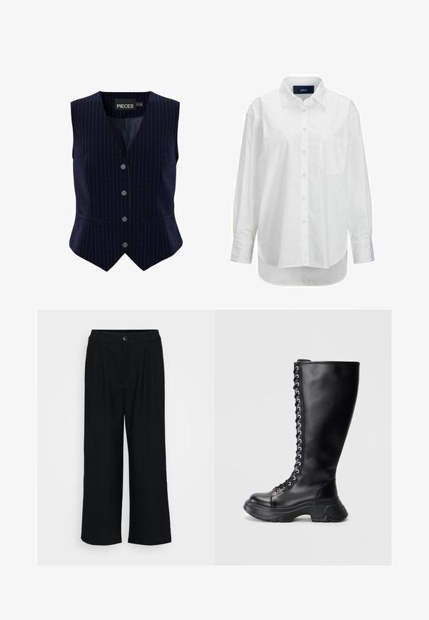 Chaleco azul marino a rayas con cinco botones, diseño de escote en V y dos bolsillos laterales. Hecho de una tela suave con un ajuste estructurado.; Camisa blanca de manga larga en algodón suave con cuello abotonado, bolsillo frontal y dobladillo curvado. Cuenta con un canesú en la parte posterior para mayor estructura.; Pantalones de pierna ancha negros, confeccionados en una tela suave, con pliegues frontales, una cinturilla con cierre de botón y una silueta fluida.; Bota alta de cuero negro con cordones y suela gruesa, con ojetes plateados, sobre un fondo claro y liso.