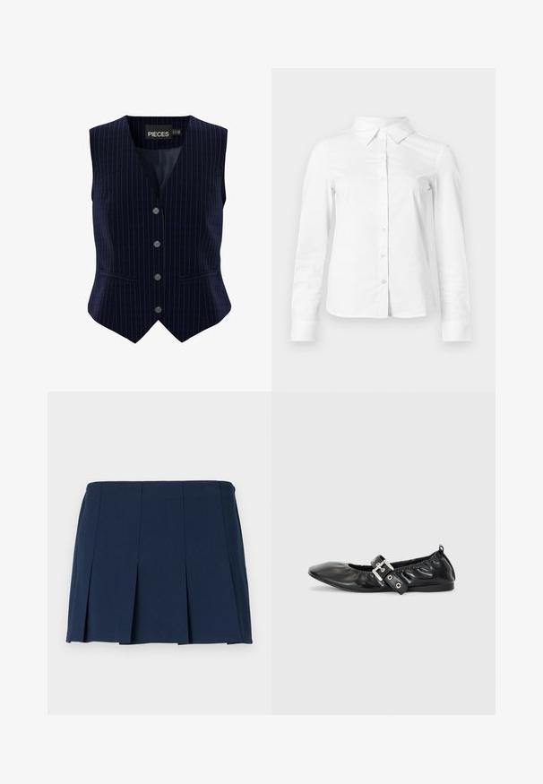 Gilet bleu marine à rayures avec cinq boutons, design en V et deux poches latérales. Fait en tissu lisse avec une coupe structurée.; Chemise blanche à manches longues avec boutons, col pointu, ourlet droit et silhouette ajustée, présentée sur un fond clair uni.; Jupe mini plissée bleu marine avec une taille droite, fabriquée à partir d'un tissu lisse. Présente des coutures verticales le long des plis.; Chaussure plate en cuir noir avec un nez pointu, des détails froncés autour de l'ouverture et un accent en boucle argentée sur la bride ajustable.