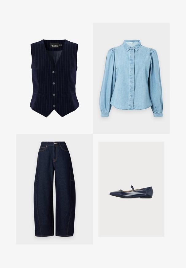 Marineblå vest med nålestriber, fem knapper, V-udskæring og to sidelommer. Lavet af glat stof med en struktureret pasform.; Lyseblå denimskjorte med spids krave, knapper foran og lange pufærmer. Glat tekstur med rundet kant forneden.; Bredde ben mørkeblå denimbukser med kontrasterende orangetråd, fem lommer og en knap- og lynlåslukning i taljen.; Navyblå læder-balletflat med en enkelt tynd rem over toppen og en flad sål mod en ensfarvet hvid baggrund.