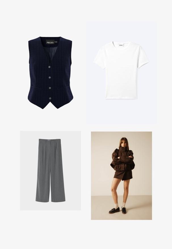 Marineblå vest med nålestriber, fem knapper, V-udskæring og to sidelommer. Lavet af glat stof med en struktureret pasform.; Ensfarvet hvid t-shirt med korte ærmer og rund halsudskæring med en lille "WEEKDAY" label indeni halskanten, vist fladt på en lys baggrund.; Grå bukser med vide ben og hvide lodrette nålestriber, bæltestropper og forlommer med læg, vist mod en ensfarvet baggrund.; Kvinde står med armene over kors iført en oversized mørkebrun jakke, matchende nederdel, hvide sokker og sorte snørestøvler mod en ensfarvet baggrund.