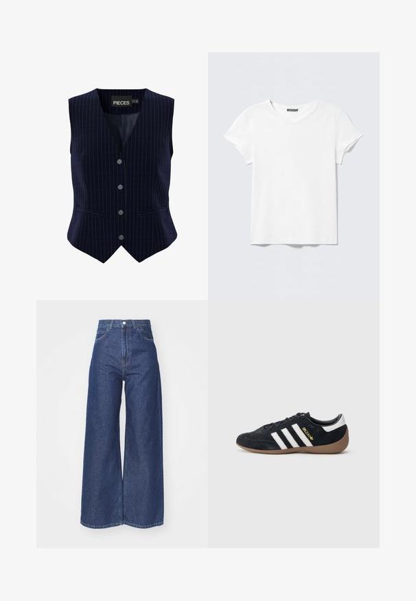 Navyblauw gestreepte gilet met vijf knopen, V-hals ontwerp en twee zijzakken. Gemaakt van soepel stof met een gestructureerde pasvorm.; Effen wit T-shirt met korte mouwen en V-hals, met een klein "WEEKDAY" label aan de binnenkant van de kraag, getoond op een lichtgrijze achtergrond.; Wijd-uitlopende jeans van donkerblauwe denim. Hoge taille met een ritssluiting en knoopsluiting. Bevat klassieke vijf-pocket styling en gezoomde randen.; Zwarte suède sneaker met drie witte strepen, een rubberen gumzool en een klein gouden logo aan de zijkant. Heeft een gladde zwarte binnenvoering.