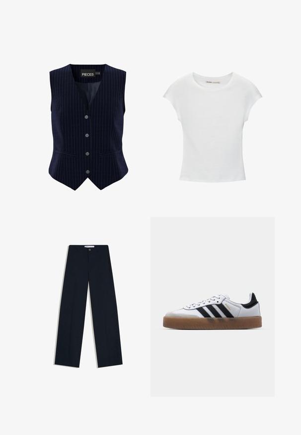Navyblauw gestreepte gilet met vijf knopen, V-hals ontwerp en twee zijzakken. Gemaakt van soepel stof met een gestructureerde pasvorm.; Witte katoenen T-shirt met korte, opgerolde mouwen, een ronde halslijn en een rechte zoom. Gladde textuur zonder zichtbare patronen of accenten.; Donker marineblauwe op maat gemaakte broek met knoop- en ritssluiting, rechte pijpen en subtiele krijtstreeptextuur op een witte achtergrond.; Witte leren sneakers met zwarte strepen, gumrubberen buitenzool, ronde neus, vetersluiting en een zachte grijze suède neuskap.