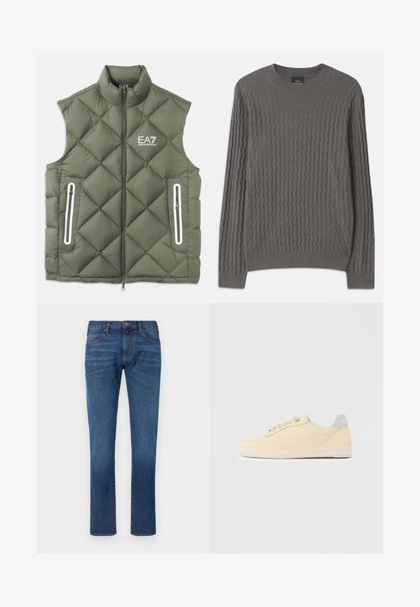 Chaleco acolchado de color verde oliva con cuello alto, cremallera frontal y dos bolsillos con cremallera. Presenta detalles en blanco y un logo en el pecho.; Armani Exchange Jersey de punto - dark gull zig zag; Vaqueros de mezclilla azul con corte recto, que cuentan con un diseño clásico de cinco bolsillos y cierre de botones. Sutil desgaste en la textura de la tela.; Zapatilla deportiva beige de corte bajo con cierre de cordones en la parte delantera, suela rosa claro y lengüeta trasera gris con la marca "Filling Pieces", mostrada de perfil sobre un fondo liso.