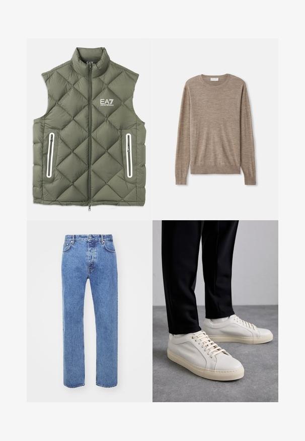 Olivgrüne, gesteppte Pufferweste mit hohem Kragen, Frontreißverschluss und zwei mit Reißverschluss versehenen Taschen. Mit weißen Akzenten und Logo auf der Brust.; Beiger Pullover aus feinem Strickmaterial. Mit Rundhalsausschnitt, langen Ärmeln und gerippten Bündchen sowie Saum. Einfaches und zeitloses Design.; Won Hundred STEVE - Jeans Relaxed Fit - cut blue; Helle beigefarbene Leder-Sneaker mit flachen Schnürsenkeln, einer strukturierten Oberfläche und einer kontrastierenden, cremefarbenen Gummisohle, kombiniert mit schwarzen eng geschnittenen Hosen.