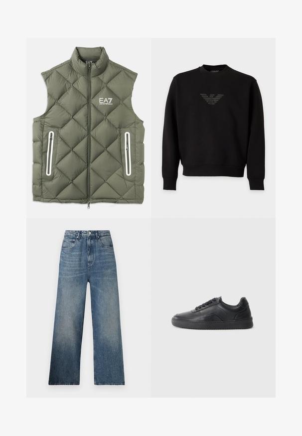 Olivgrüne, gesteppte Pufferweste mit hohem Kragen, Frontreißverschluss und zwei mit Reißverschluss versehenen Taschen. Mit weißen Akzenten und Logo auf der Brust.; Schwarzer Langarm-Sweatshirt mit Rundhalsausschnitt, der ein dezentes, glänzendes Adlerlogo mittig auf der Brust zeigt.; Blaue Denim-Hosen mit weitem Bein und hohem Bund, mit subtilen Verfärbungen, fünf Taschen und einem Metallknopfverschluss vorne.; Schwarze Leder-Sneaker mit glatter Oberfläche, abgerundeter Zehenpartie, strukturiertem Seitenpaneel und schwarzen Schnürsenkeln. Verfügt über eine flache Gummisohle und ein minimalistisches Design.
