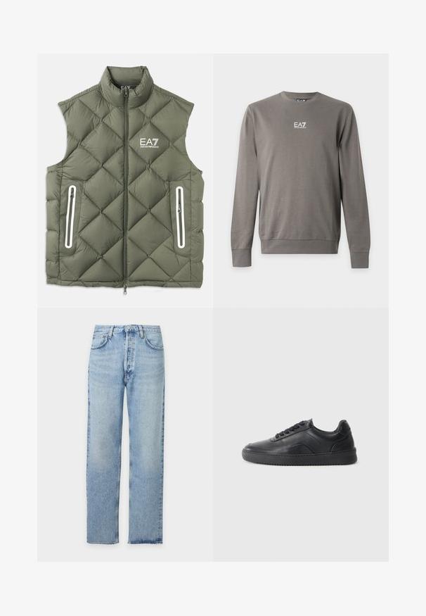Olijfgroen gewatteerde puffervest met een hoge kraag, een rits aan de voorkant en twee ritszakken. Heeft witte accenten en een logo op de borst.; Grijze trui met lange mouwen en ronde hals met wit EA7 Emporio Armani-logo op de borst, geribde boorden en zoom.; Lichtblauwe straight-leg spijkerbroek met voorzakken, riemlussen en knoopsluiting op een witte achtergrond.; Zwarte leren sneaker met een gladde afwerking, ronde neus, textuurpaneel aan de zijkant en zwarte veters. Voorzien van een platte rubberen zool en een minimalistisch ontwerp.