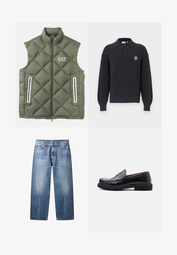 Olivgrüne, gesteppte Pufferweste mit hohem Kragen, Frontreißverschluss und zwei mit Reißverschluss versehenen Taschen. Mit weißen Akzenten und Logo auf der Brust.; Marineblaue gerippte Strickjacke mit einem spitzen Kragen, drei Knöpfen und einem diamantförmigen Logo auf der Brust. Lange, leicht gepuffte Ärmel.; Hellblaue Jeans mit geradem Bein, ausgewaschenen Bereichen, fünf Taschen, Knopfverschluss und Calvin Klein-Label an der rechten Vordertasche.; Schwarze Leder-Penny-Loafer mit strapazierfähiger Gummisohle und Mokassin-Stich, seitlich auf einem weißen Hintergrund dargestellt.