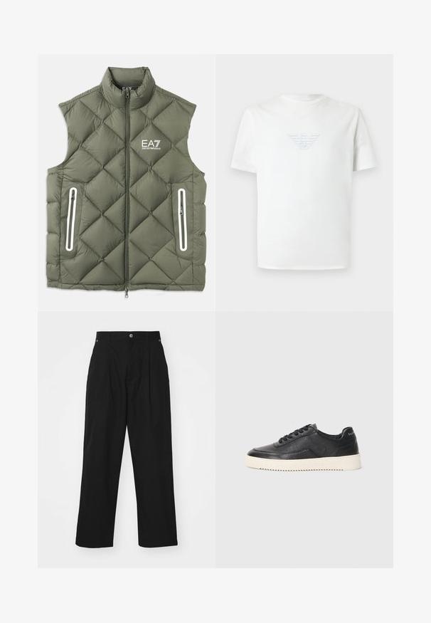 Olivgrüne, gesteppte Pufferweste mit hohem Kragen, Frontreißverschluss und zwei mit Reißverschluss versehenen Taschen. Mit weißen Akzenten und Logo auf der Brust.; Weißes T-Shirt mit kurzen Ärmeln und Rundhalsausschnitt, mit erhabenem Giorgio Armani Adler-Logo mittig auf der Brust.; Schwarze, weit geschnittene Hosen aus leichtem Material. Sie verfügen über einen Knopfverschluss, Vorderfalten und zwei Seitentaschen.; Schwarze Leder-Sneaker mit strukturierter Oberfläche, runder Zehenpartie und flacher weißer Gummisohle. Features schwarze Schnürsenkel und Branding an der Ferse.