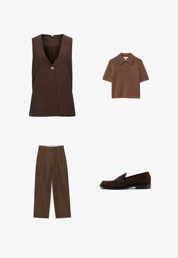 Gilet sans manches couleur brun foncé avec un col en V, doté d'un seul bouton décoratif doré à l'avant, en tissu texturé.; Pull polo à manches courtes en marron, fabriqué dans un matériau pelucheux avec une texture lisse, présentant un col et une patte de boutonnage à trois boutons.; Pantalon marron taille haute à jambes larges avec passants de ceinture, poches latérales et plis sur le devant, en tissu texturé.; Mocassin pour homme en daim marron foncé avec un petit talon et une couture style mocassin, présenté de profil sur un fond blanc.