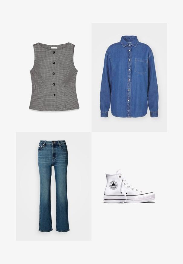 Zwart-wit geblokt mouwloos topje met een aansluitende pasvorm, voorzien van een ronde halslijn en zes zwarte knopen aan de voorkant.; Donkerblauwe denim overhemd met een knoopsluiting aan de voorkant, kraag en één borstzak. Lange mouwen met knoopmanchetten. Klassiek design.; Hogwaardige blauwe jeans van denim, met een rechtzittend ontwerp, subtiele vervaging en een standaard knoop- en ritssluiting.; Witte Converse Chuck Taylor All Star sneaker met hoge schacht, zwarte strepen en logo-patch aan de zijkant, weergegeven tegen een effen witte achtergrond.