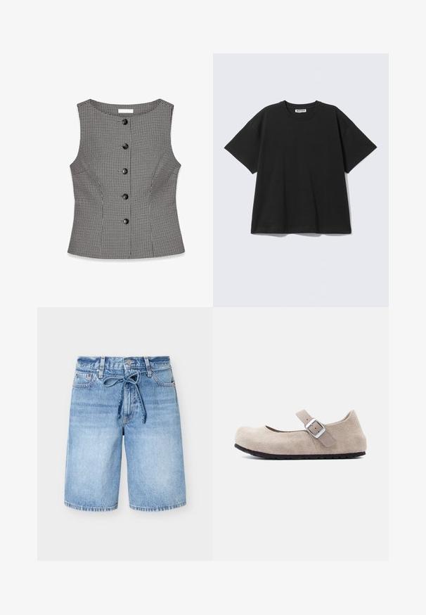 Zwart-wit geblokt mouwloos topje met een aansluitende pasvorm, voorzien van een ronde halslijn en zes zwarte knopen aan de voorkant.; Zwart T-shirt met korte mouwen en ronde hals met "WEEKDAY" label in de kraag, plat gelegd op een lichtgrijze achtergrond.; Middenblauwe denimshorts met een hoge taille, knoop aan de voorkant, vijf zakken en een gebonden stoffen riem in de taille.; Suède Mary Jane-schoen in lichtbeige met een afgeronde neus, verstelbare band, zilverkleurige gesp en zwarte rubberen zool.