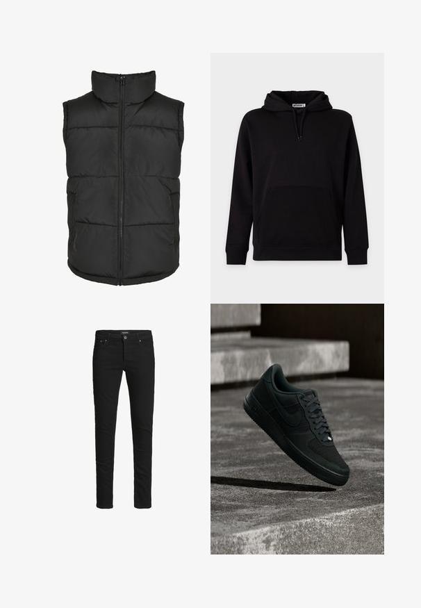 Must have kõrge kaelusega must voodri vest, ees tõmblukuga ja ilma varrukateta. Omab tikitud osi ja külge taskuid praktilisuse jaoks.; Must kapuutsiga dressipluus ees oleva kängurutasku, nööridega ja soonikkoes mansettide ning alläärega, esitletud heledal ühtlasel taustal.; Peenikeste jalgadega mustad teksad viie taskuga, nööbi kinnihoidmine ja vöörihmadega, millel on silt Jack & Jones.; Must Nike Air Force 1 tossud võrgust ja nahast detailidega, hõljuvad tekstureeritud betoonastmete kohal väheses valgustuses.