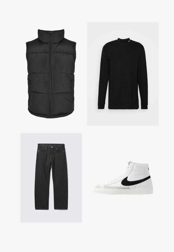 Sort polstret vest med høj krave, frontlynlås og uden ærmer. Har kviltede sektioner og sidelommer for praktisk brug.; Nike Sportswear MOCK NECK - Sweatshirt - black; Sorte jeans med lige ben, fem lommer og knaplukning i taljen, lagt fladt på en lys baggrund.; Hvide høje sneakers med et sort swoosh, struktureret grå tåhætte og flad hvid sål. Har seks snørrehuller og syede detaljer.