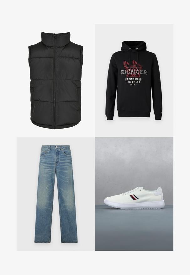 Must have kõrge kaelusega must voodri vest, ees tõmblukuga ja ilma varrukateta. Omab tikitud osi ja külge taskuid praktilisuse jaoks.; Musta puuvillane kapuutsiga dressipluus, millel on esiküljel punase ja valge tekstiga graafika koos logoga. Kaasas paelad ja soonikud varrukate otstes.; Sinised sirge lõikega teksad, millel on pleekinud värvitoon, kergete värvipritsmetega, esine nuppe ja viie tasku disain valgel taustal.; Valge toss punaste ja mereväevärvi triipudega hõljumas puidust plaatide kohal õues, puu ja kivipinnase lähedal.