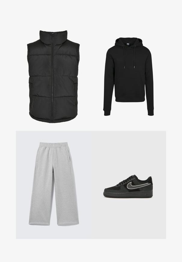 Must have kõrge kaelusega must voodri vest, ees tõmblukuga ja ilma varrukateta. Omab tikitud osi ja külge taskuid praktilisuse jaoks.; Must musta pehmeast kangast. Omab känguru taskut, nööriga kapuutsi ja soonikuga varrukaid ning ääri. Sile tekstuur, ilma mustriteta.; Heledat hallid laia jalaga dressipüksid, millel on elastne vöökoht ja küljetaskud, esitatud ühtlasel taustal.; Nike Air Force 1 toss mustas seemnis ja nahas, millel on hõbedane logo, ümmargune ninaosa, paeltega sulgemine ja tekstureeritud kummist tallapõhi.