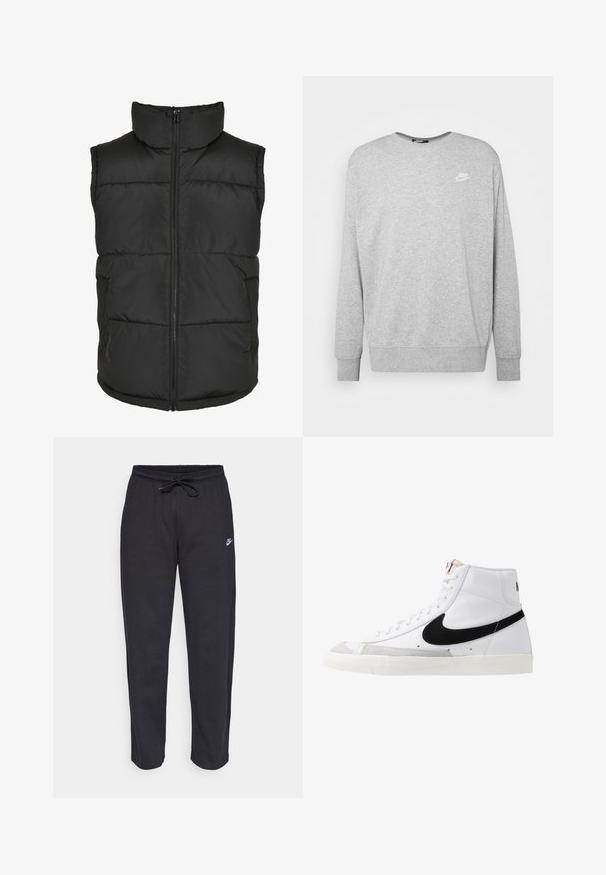 Chaleco acolchado negro con cuello alto, cremallera frontal y sin mangas. Presenta secciones acolchadas y bolsillos laterales para mayor practicidad.; Sudadera gris de tejido suave, con mangas largas, cuello redondo y un pequeño logo blanco de Nike en el pecho.; Pantalones de chándal negros hechos de una tela suave, con cintura elástica, cordón y un pequeño logo de Nike en el muslo izquierdo.; Zapatillas altas blancas con un swoosh negro, una puntera texturizada en gris y suela plana blanca. Presenta seis ojales y acentos cosidos.