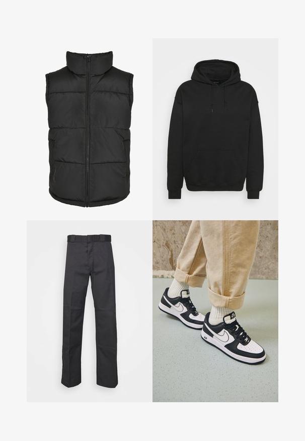 Zwarte gewatteerde vest met een hoge kraag, ritssluiting aan de voorkant en zonder mouwen. Heeft gestepte delen en zijzakken voor praktische doeleinden.; Zwarte hoodie van een katoenmix, met een drawstring capuchon, een voork pocket en ribgebreide manchetten en zoom. Zachte textuur.; Zwarte broek van duurzaam materiaal, met een rechte pijpdesign, een tailleband met riemlussen en naden voor extra textuur.; Zwart-witte Nike Air Force 1 sneakers met een leren bovenwerk, geperforeerde neus en gestructureerde zooldetails, gedragen met opgerolde beige broek en witte sokken.